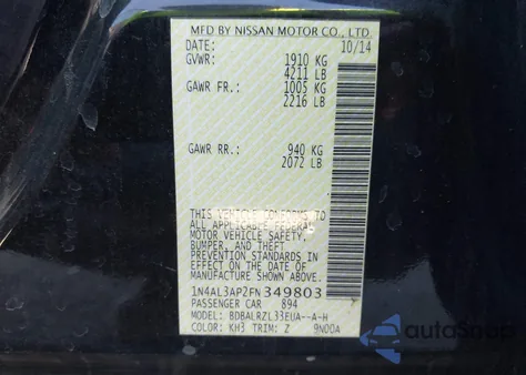 2015 Nissan Altima 2.5 Sl from USA, damaged, VIN 1N4AL3AP2FN349803